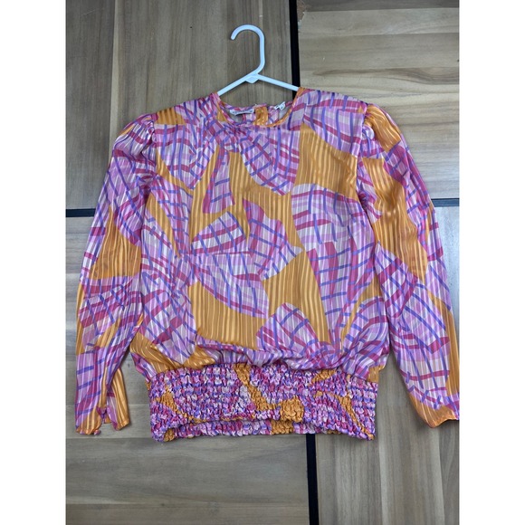 Oleg Cassini Blouse Top Abstract Print Long Sleeve Smocked Waist Vintage 12 - Picture 1 of 9